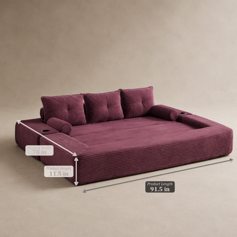 Canapé-lit convertible en velours côtelé rouge bourgogne, trois places, futon-lit minimaliste avec dossier épais.