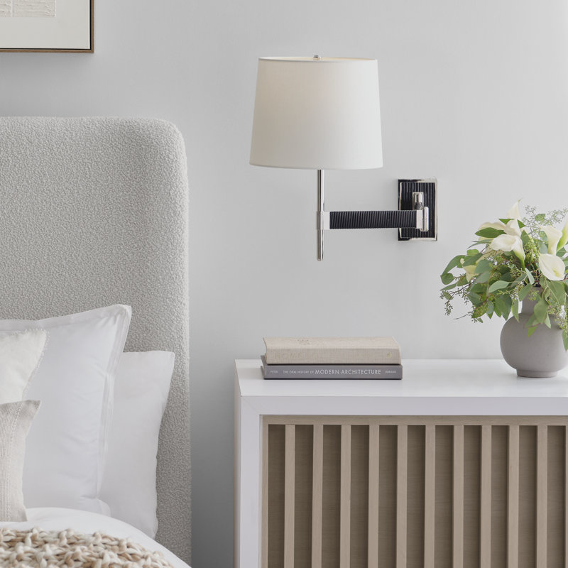Suzanne Kasler Elle Swing Arm Sconce, Polished Nickel/Black Rattan