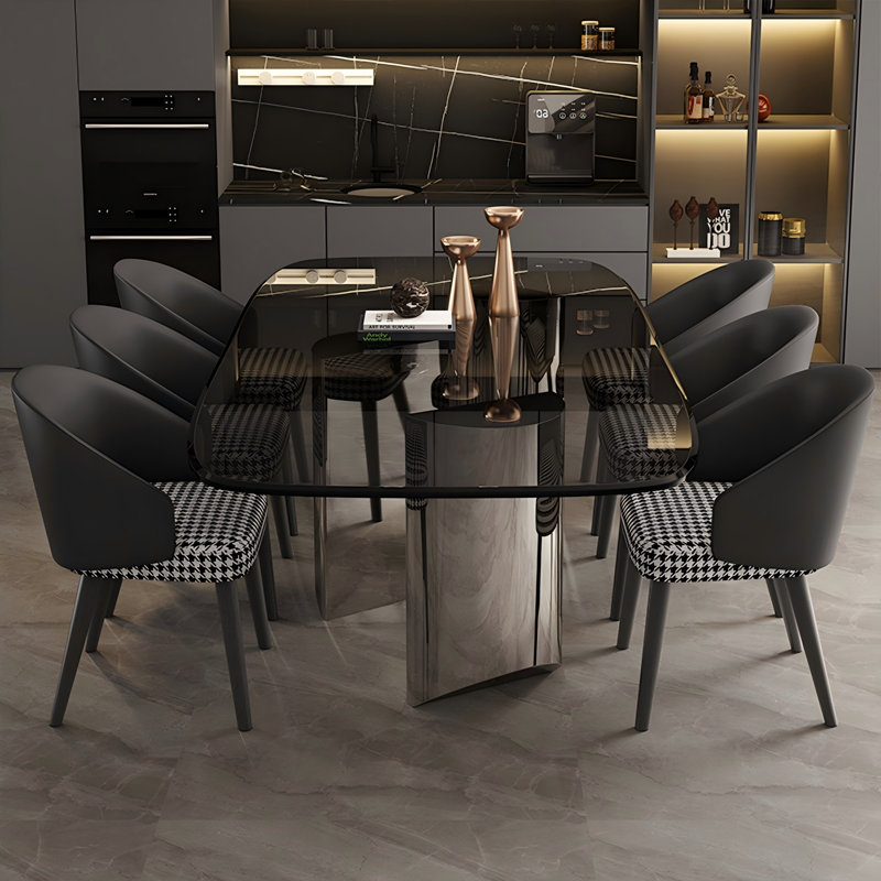 Tempered glass Stainless Steel black Dining Table, 29.53"H x 86.61"L x 39.37"W