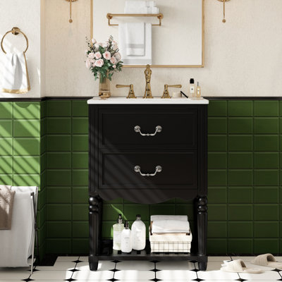 Meuble-lavabo de salle de bain avec lavabo en céramique de 24 po, deux tiroirs, tablette ouverte, vague rétro élégante, look de palais rétro, déversement de lavabo brillant, robinet de 8 po convenant à un rangement en forme de U, motif à vagues, style