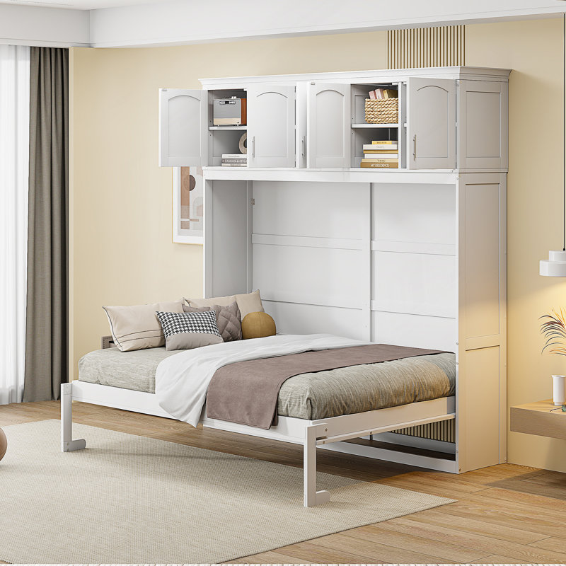 Lit escamotable mural avec armoires supérieures Murphy, Double, Off White