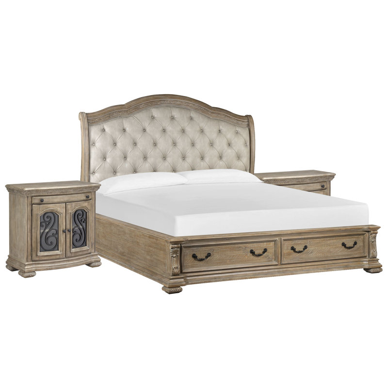 Très grand lit californien avec lit de rangement tapissier et 2 commodes, Beige, Très grand californien