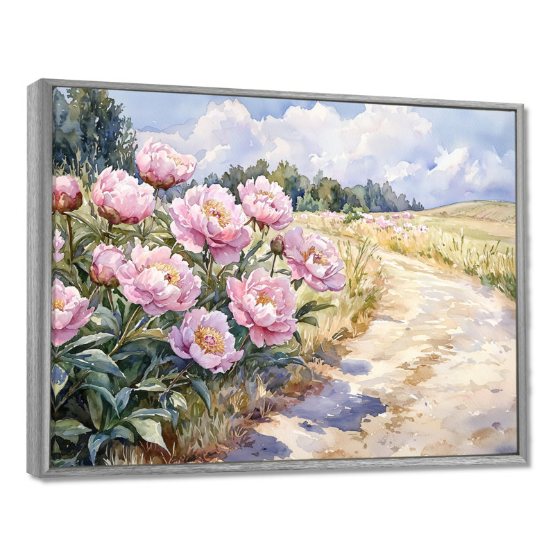 Pe pivoines le long de la ferme, entrée I - pivoines, reproduction sur toile encadrée, H 34 po x l 44 po, Argent argent