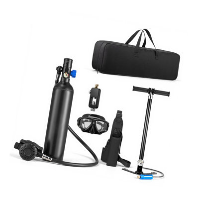 1L Aluminum Mini Scuba Tank Set with Goggles, Manual Pump and Adapter for Snorkeling and Shallow Water Diving up to 16.4 ft