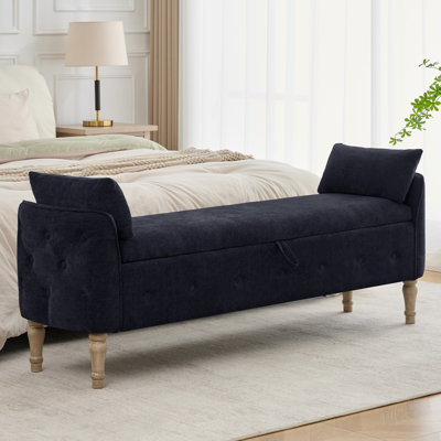 67" Linen Bedroom Storage Bench for End of Bed King Size with Tufted Armrest,Zipper Pocket,Vintage Wooden Brush Foot