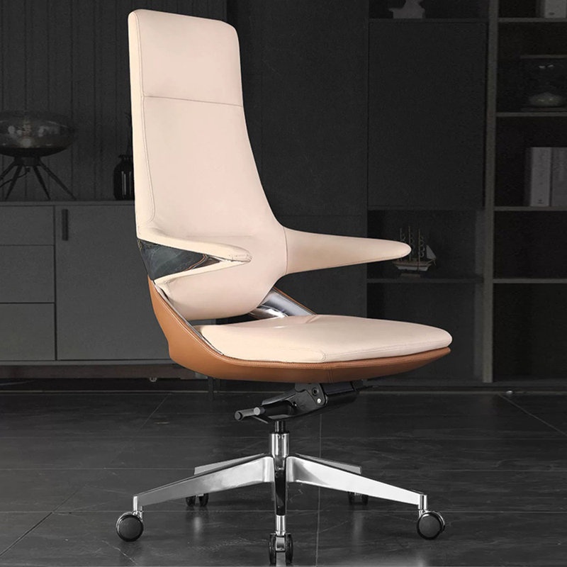 Silver Hight adjustable Faux Leather + Aluminium Alloy Office Chair, Beige/White