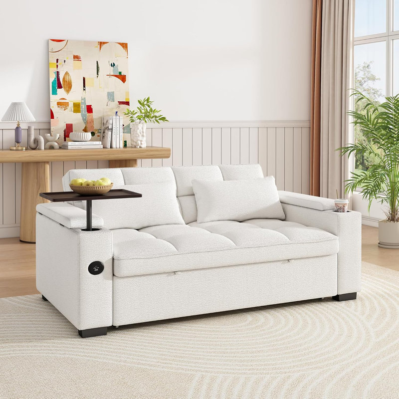 Canapé-lit 68 pouces avec table d'appoint rotative, porte-gobelets et ports USB, Beige