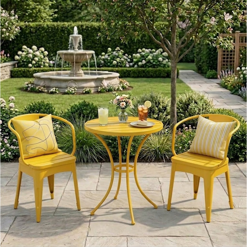 Modern Iron Bistro 3 Piece Bistro Set with Round Table and 2 Armchairs for Patio Balcony Porch Poolside, Yellow