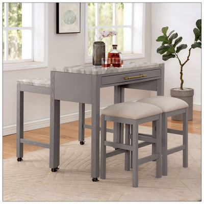 Rustic 5Pc Dining Set Counter Height Dining Table W Storage Drawer Faux Marble Top 4X Stools Light Grey Dining Room Furniture