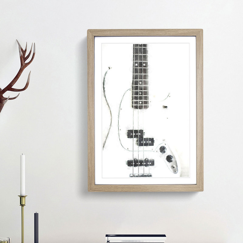 White Bass Guitar - Picture Frame Painting Print, Oak Framed, 45cm H x 33cm W x 2cm D