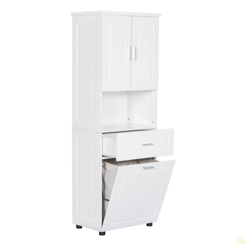 Grande armoire de salle de bain avec panier à linge, grand panier à linge inclinable et armoire de rangement supérieure