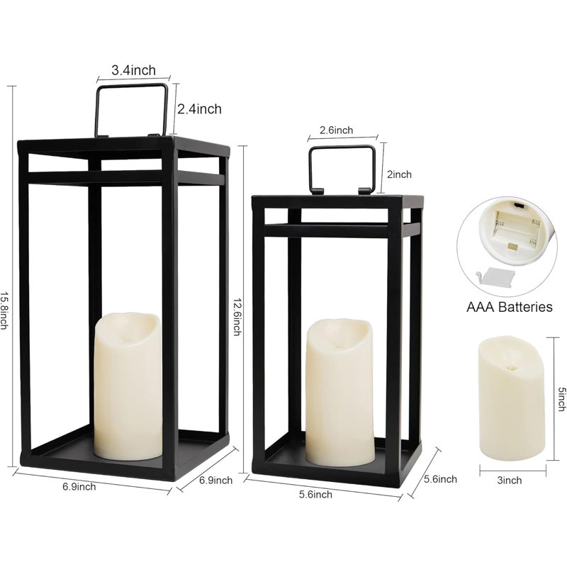 Black Metal LED Candle Lanterns Set with Timer, 15.8'' & 12.6''