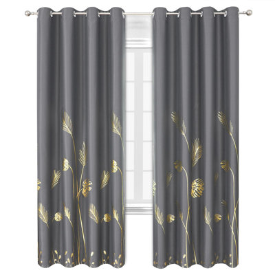 Rideaux occultants pour chambre à coucher de 84 po de long, rideaux obscurcissants et isolants avec œillets pour le salon, 52 l x 84 l, 2 panneaux, impression gris foncé / or
