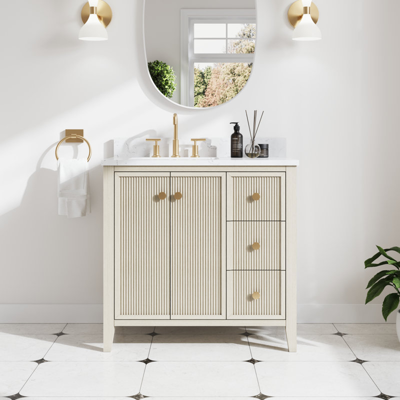 Meuble-lavabo autoportant en bois massif avec comptoir en quartz blanc Carrera et lavabo encastré encastré Kristine l 36 po x H 35 po