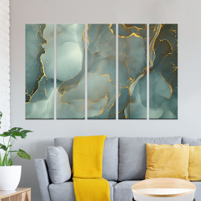 Art mural moderne en verre marbré vert moderne: impression sur toile, toile tendue 5P