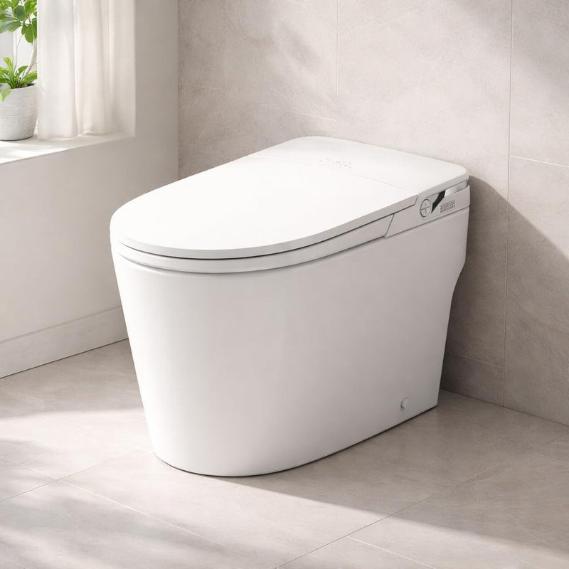 Toilette compacte bidet ADA avec réservoir intégré, siège chauffant, eau chaude instantanée, chasse d'eau avec capteur de pied et veilleuse à DEL
