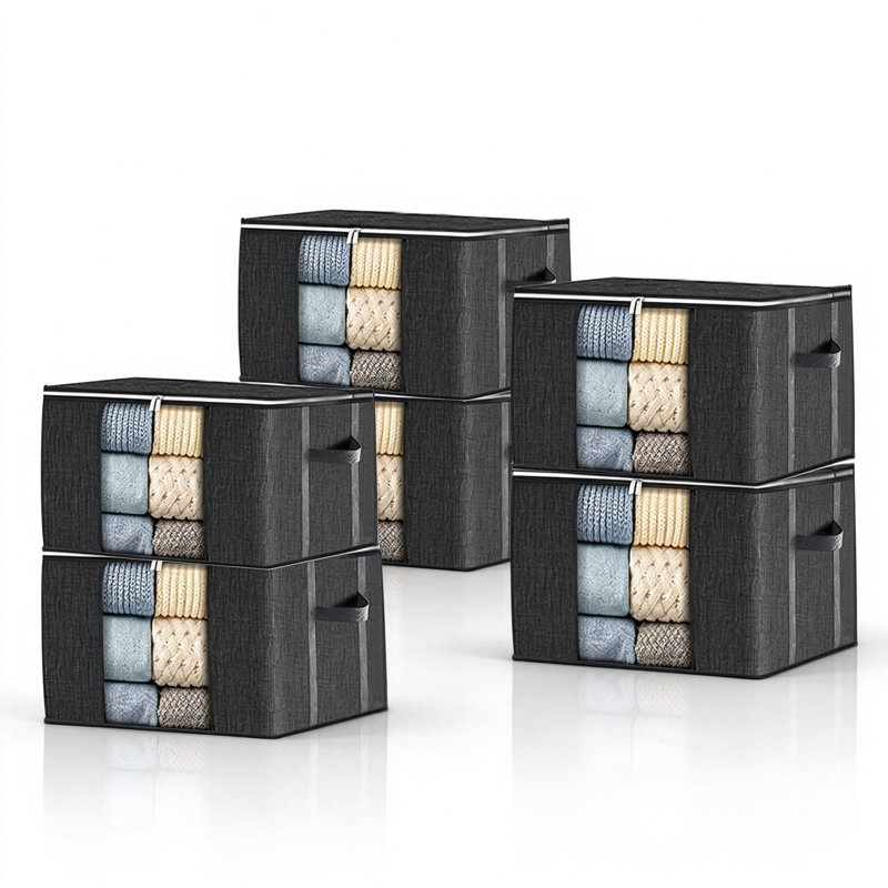 6 Pcs Storage Bags, Foldable Clothes Bins with Clear Window, , Foldable Storage Bags, Black