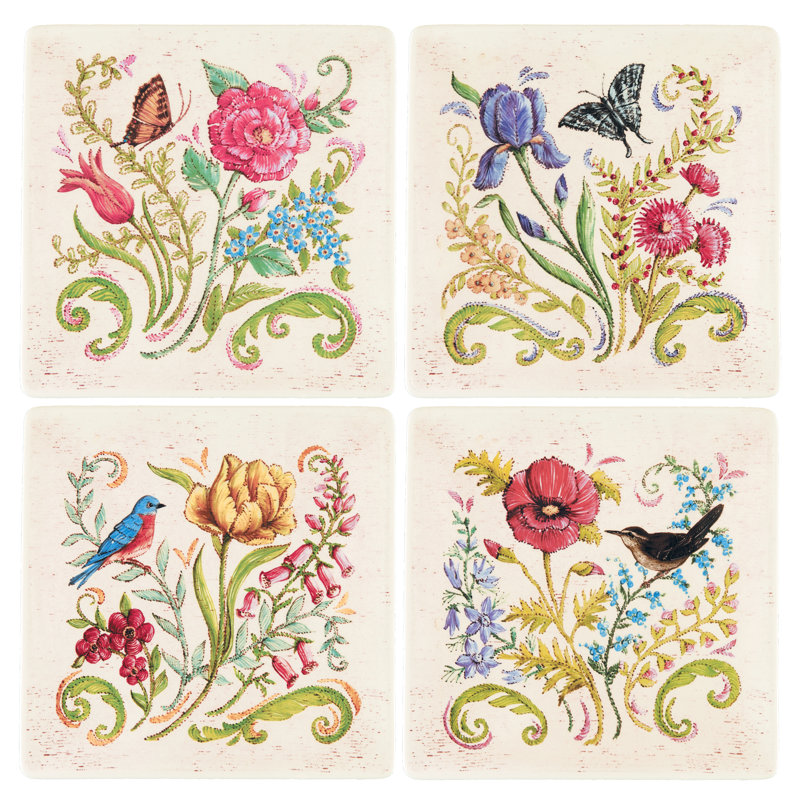 Ensemble de 4 assiettes de jardin brodées