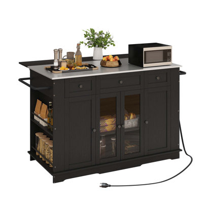 Charlien Rolling Mobile Kitchen Island With Stainless Steel Counter Top, Power Outlet & Drop Leaf