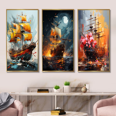 Golden Galleon Pirate Ship I - Coastal Boat Wall Art Prints Set Of 4