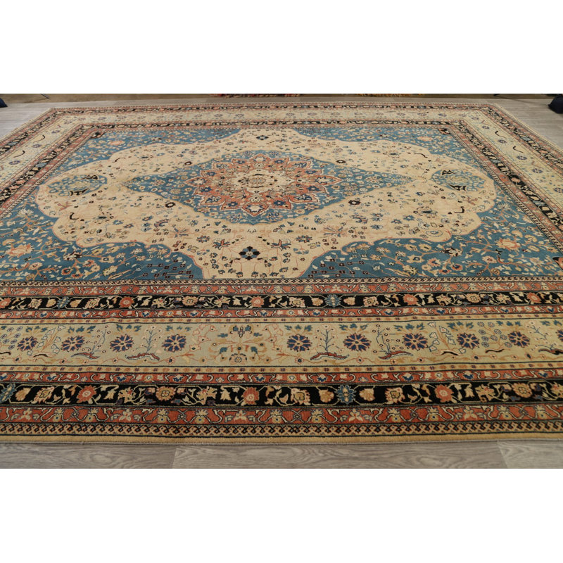 Tapis bleu / brun / beige en laine noué à la main de conception unique 12 pi 2 po x 15 pi 6 po New Age