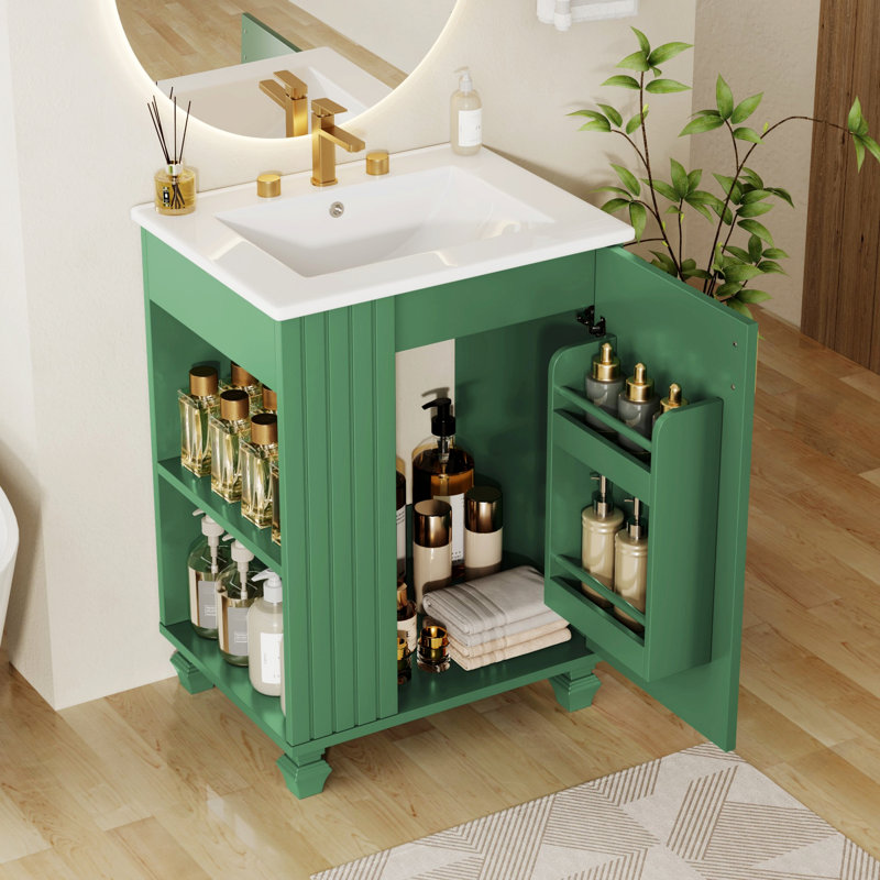 Meuble-lavabo de salle de bain avec lavabo, armoire de salle de bain avec tablette de rangement latérale ouverte, Vert
