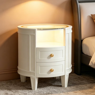 Table de chevet en bois avec plateau en verre éclairé à DEL et 2 tiroirs, table d'appoint ovale moderne pour la chambre à coucher et le salon - Finition blanche