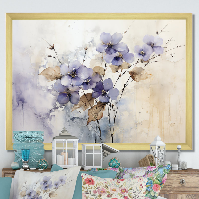 Beige et mauve orné de violettes - Violettes, reproductions encadrées, H 16 po x l 32 po x P 1 po, Cadre doré simple