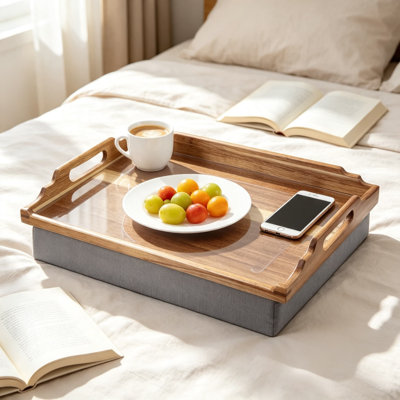 Bureau pour ordinateur portable avec coussin, table-plateau en bois pour manger, plateau-repas, table télé pour fauteuil inclinable, plateau de service en bois d'acacia avec support pour téléphone et tapis antidérapant