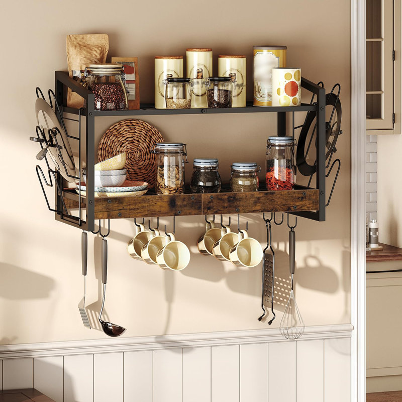 Hanging Pot Rack, Pot Rack Wall Mounted, 2-Tier Kitchen Pot and Lid Organizer