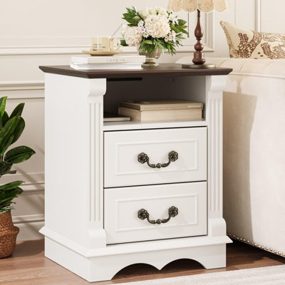 Farmhouse Nightstand Set of 2 with Roman Column Design, 2-Drawer Bedside Tables with Charging Station