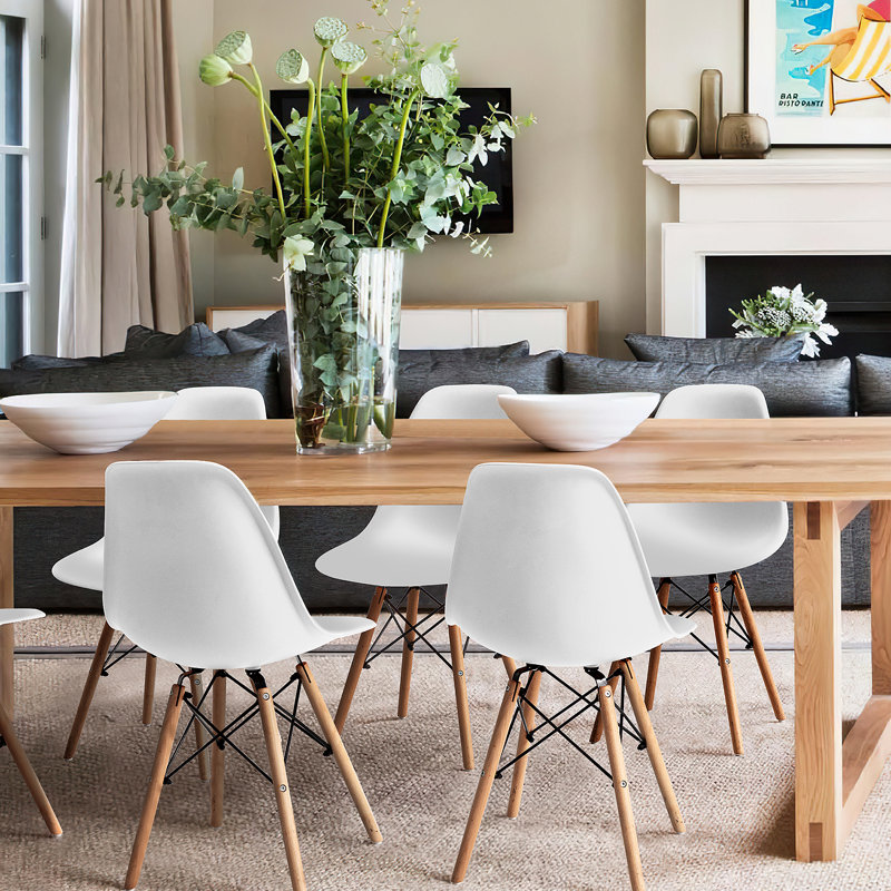 White Armless Dining Side Chairs with Beech Wood Legs (Set of 4)