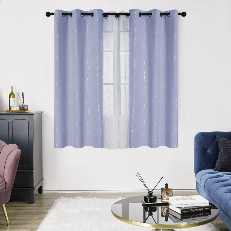 Blackout Grommet Silver Pattern Printed Curtains, , 42" W x 45" L, Purple