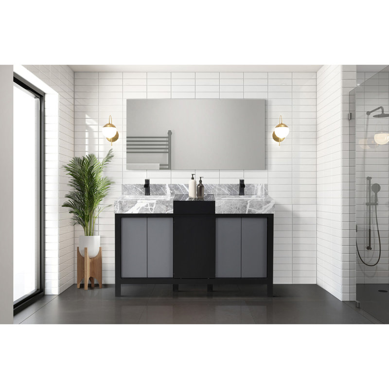 Meuble-lavabo double noir et gris l 55 po x P 22 po, comptoir en marbre gris château et miroir de 53 po