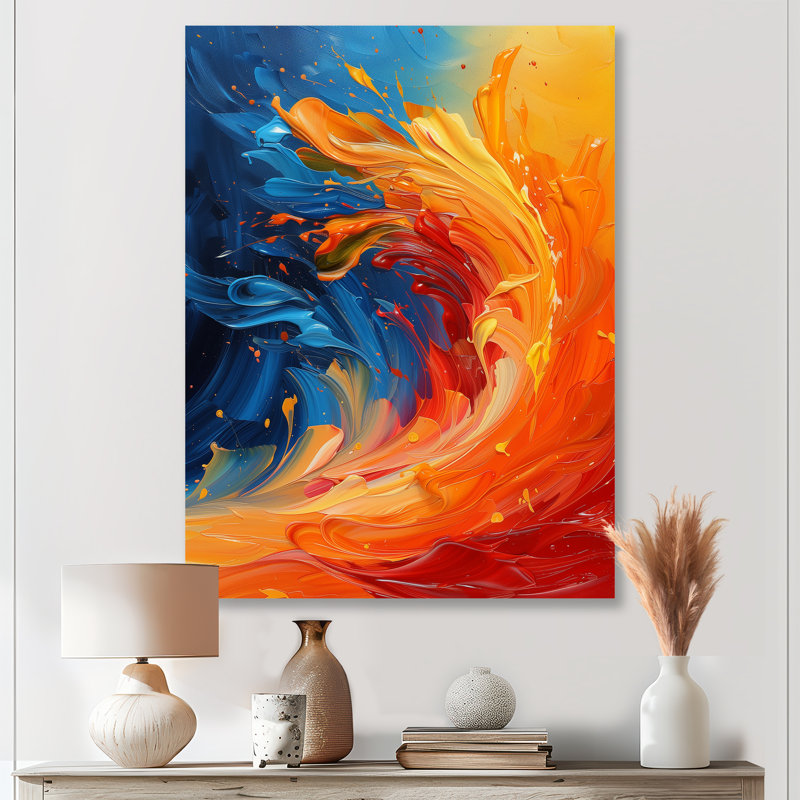 «Orange Blue Wonderful Abstract Waves I», impression d'art mural vagues côtières, Métal métal, H 32 po x l 16 po x P 1 po