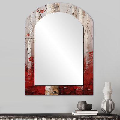 Blanc et rouge bouleau en hiver V - miroir décoratif en arche de bouleau, grand miroir mural asymétrique traditionnel, impression d'art en métal