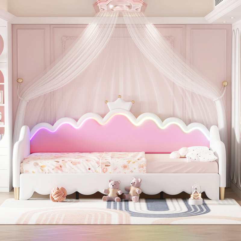 Twin Extending Daybed With Led Lights, Modern Upholstered Princess Daybed With Crown Headboard, White