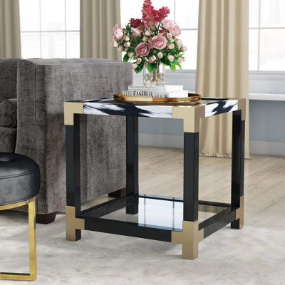 Beuna Contemporary 25" Square End Table with Glass Top and Shelf in White Brushed & Black