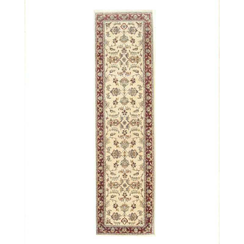 Agra Ivory Hand Knotted Wool Ivory/Red Traditional Oriental 2'7" x 9'8" Runner Rug