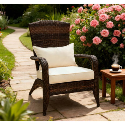 Patio Chair With Rattan Wicker, Soft Cushions, Tall Curved Backrest For Yard & Garden