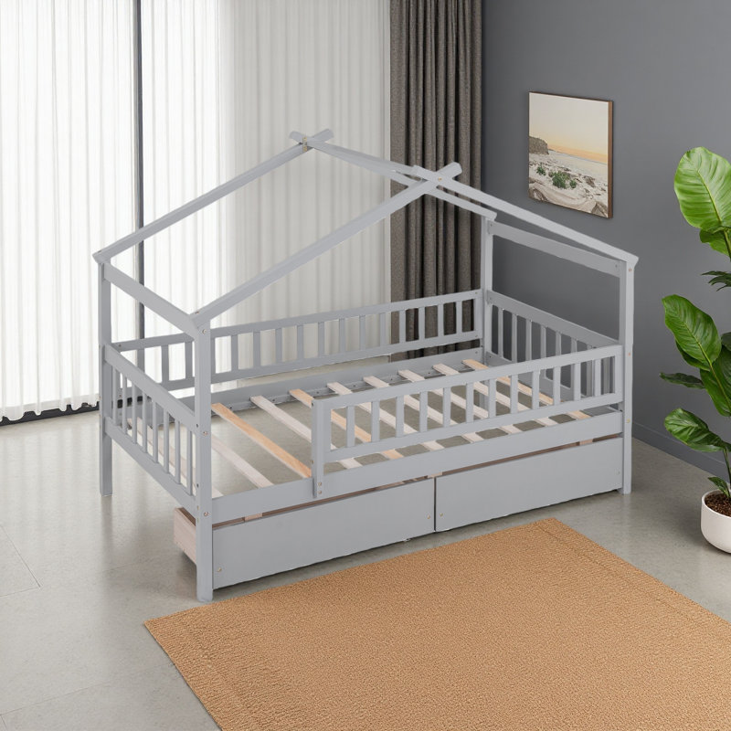 Lit simple en bois avec deux tiroirs, Gris