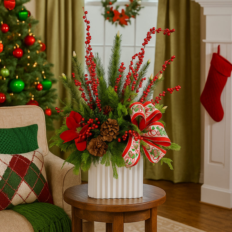 Holiday Floral Arrangement with Magnolias, Berries and Bows, Red/Green