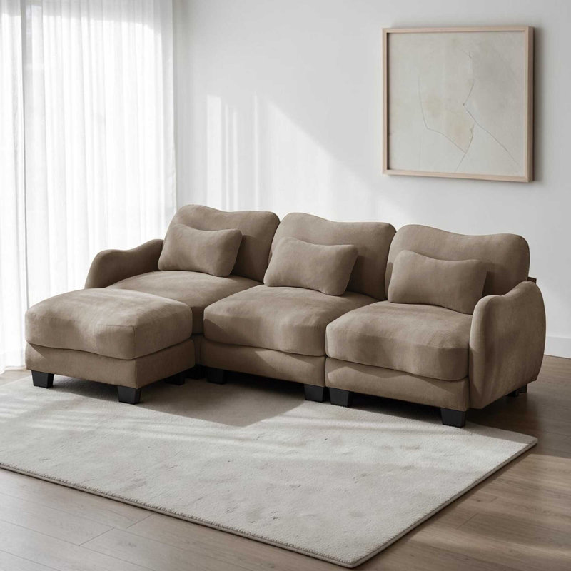 Canapé en L chenille avec 1 repose-pieds mobile, canapé modulaire surdimensionné à 3 places avec coussins de taille exquise, facile à assembler