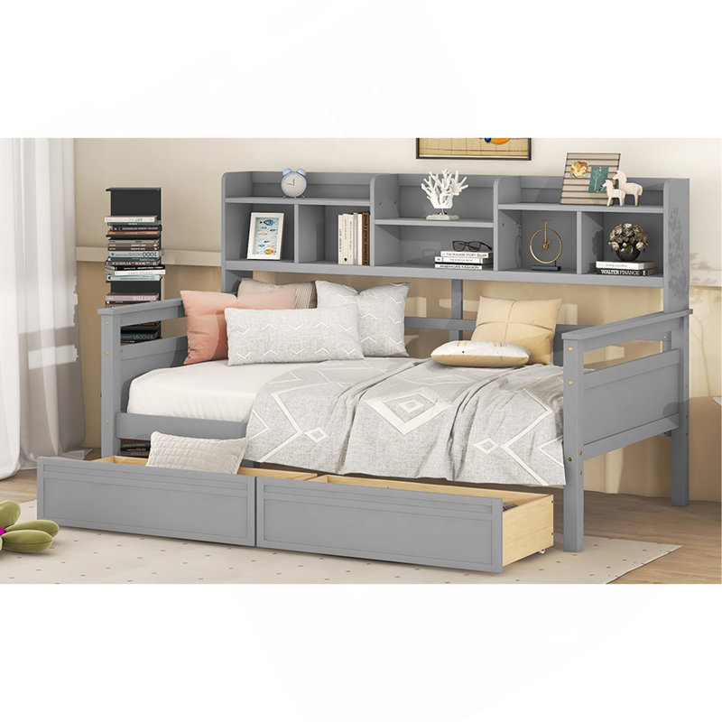 Lit de jour simple, support en lattes de bois, avec tablettes de chevet et deux tiroirs, gris