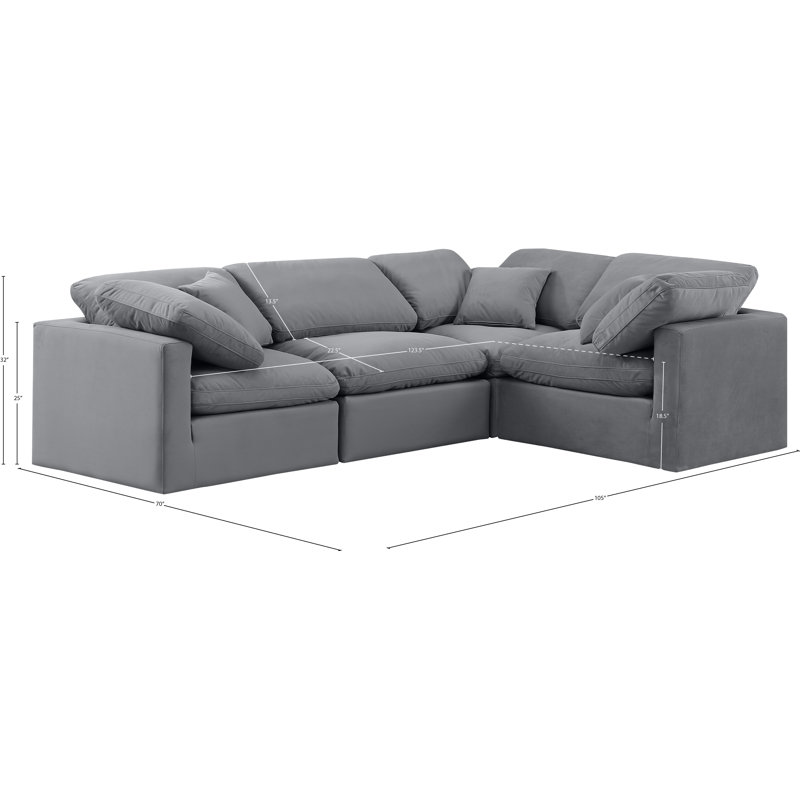 Itala Velvet L-Shaped Sectional Reversible, Grey Velvet