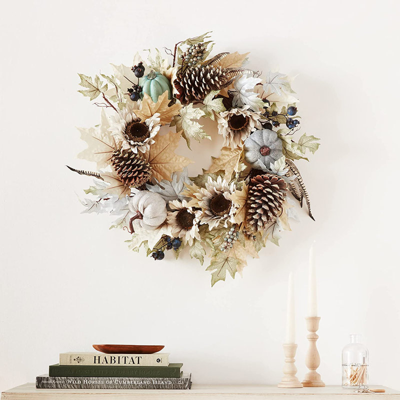Couronne de récolte de citrouille artificielle 24 po avec couronne de fleurs