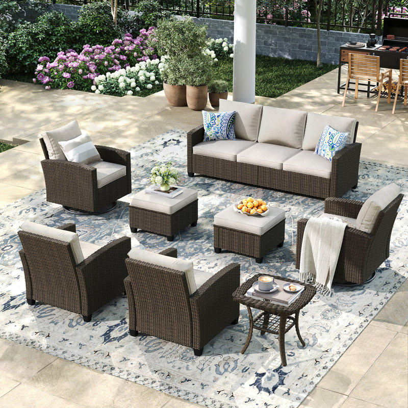 Ensemble de conversation avec canapé en rotin 8 pièces, Beige