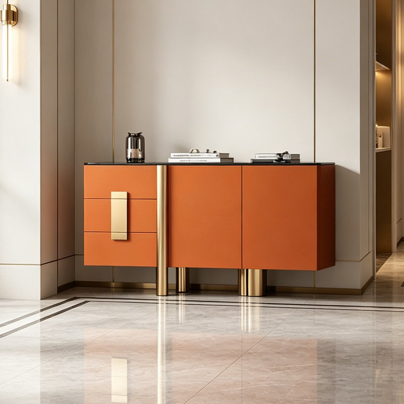 Armoire d'entrée de style italien de luxe, H 35,43 po x l 59,05 po x P 15,75 po, Or / noir / orange