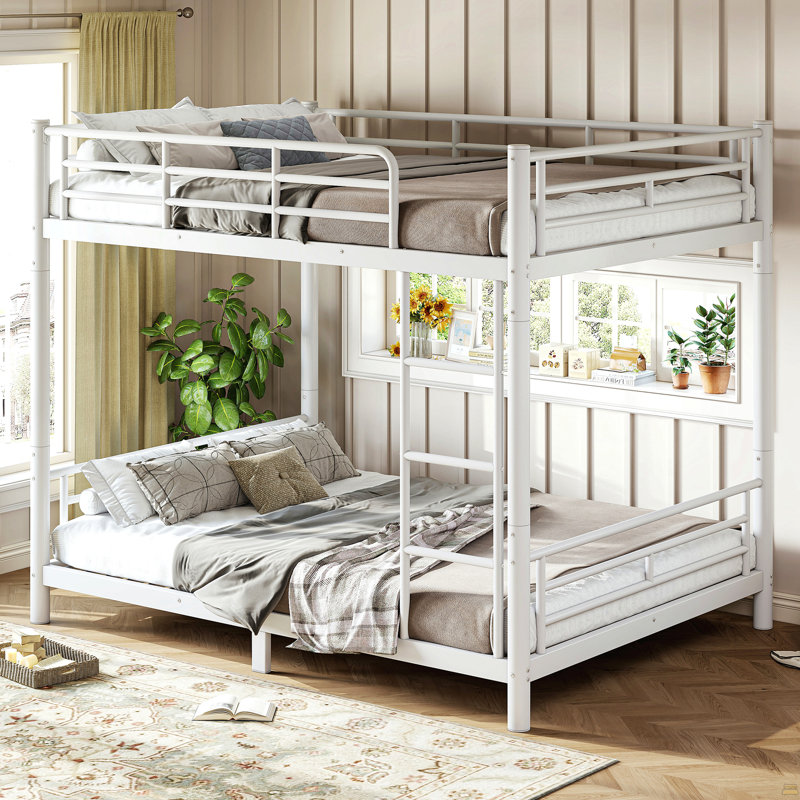 Lit superposé double au-dessus de double pour les adolescents et les adultes, peu encombrant / sans sommier tapissier, tube rond, converti en deux lits, blanc