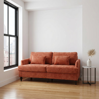 Canapé deux places, avec pieds en bois bruns, revêtu de chenille douce, style Mid-Century moderne, orange